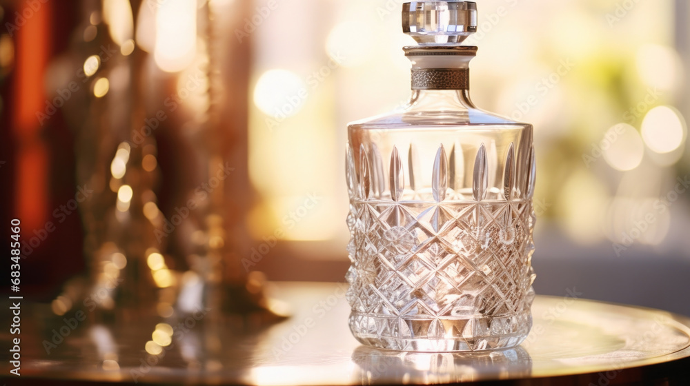 Closeup of the light dancing through a crystal decanter, emphasizing its exquisite crystal clarity and making it a perfect addition to any bar cart. Closeup of the light dancing through a crystal decanter, emphasizing its exquisite crystal clarity and making it a perfect addition to any bar cart.