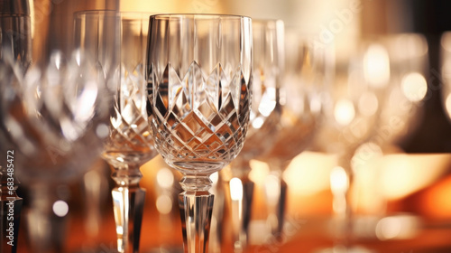 Closeup of a set of crystal stemware, showing the unique characteristics of each piece and how they all fit together to form a cohesive collection. photo