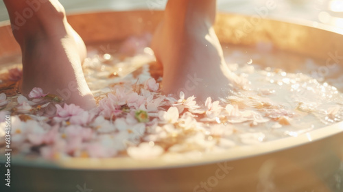 Closeup of a pampered foot dipping into a tub filled with warm water and an array of Exquisite Bath Salts, showcasing the ultimate spa experience. © Justlight