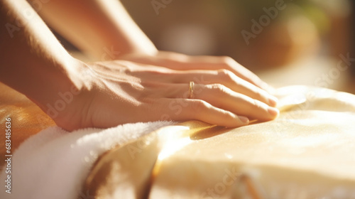 Closeup of a spa towel being gently patted onto a clients skin, the soft pressure and gentle touch exuding a sense of luxurious pampering.