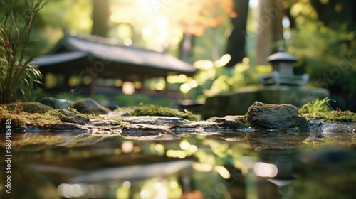 Closeup of the peaceful reflection of a traditional Japanese tea house on the surface of a calm garden stream.