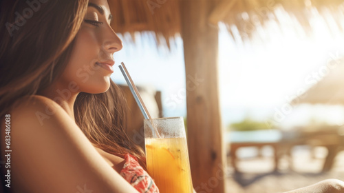Closeup of a couple lounging on a private beach cabana, sipping on tropical drinks and enjoying the sound of the ocean waves. photo