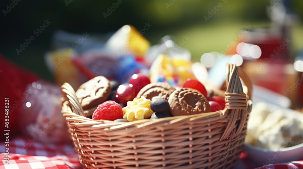 Closeup of a basket filled with delicious snacks and treats, ready to be enjoyed on the picnic blanket.