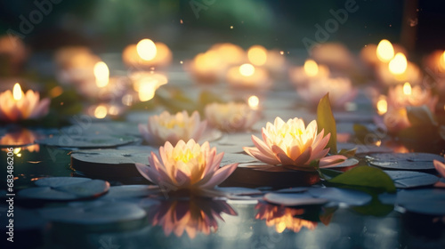 Closeup of candles p on lily pads, creating a mystical and ethereal atmosphere.