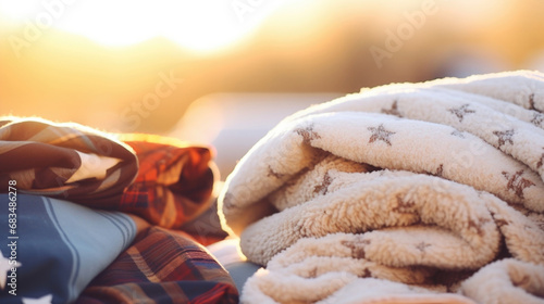 Closeup of a pile of blankets and pillows, perfect for snuggling under the stars.