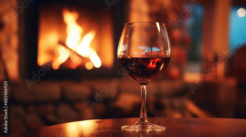 Closeup of a glass of wine, resting on the fireplace mantle and slowly steaming up as it warms from the comforting heat of the fire.