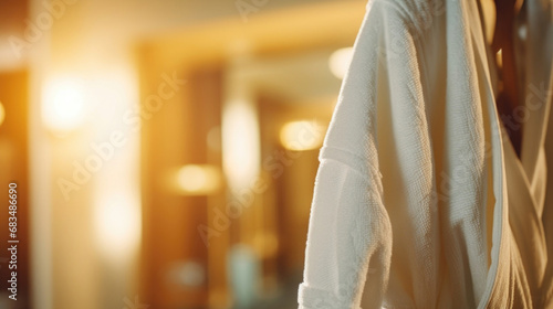 Closeup of a plush bathrobe hanging on a hook, waiting to envelop the next guest.