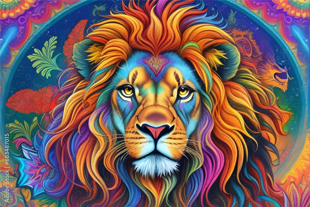 Vibrant psychedelic lion with kaleidoscopic mane in mesmerizing DMT art style. Stunning colors, unique wildlife illustration. Perfect for vibrant, mind-bending concepts.