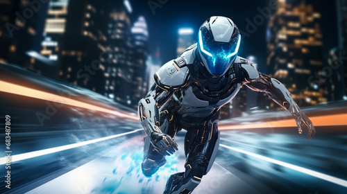 Futuristic android robot with glowing blue eyes, running on the road, night city lights