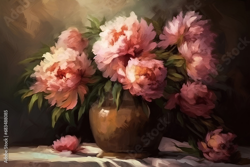 Bouquet of pink peonies in a ceramic vase on a table on dark background, still life, watercolor painting