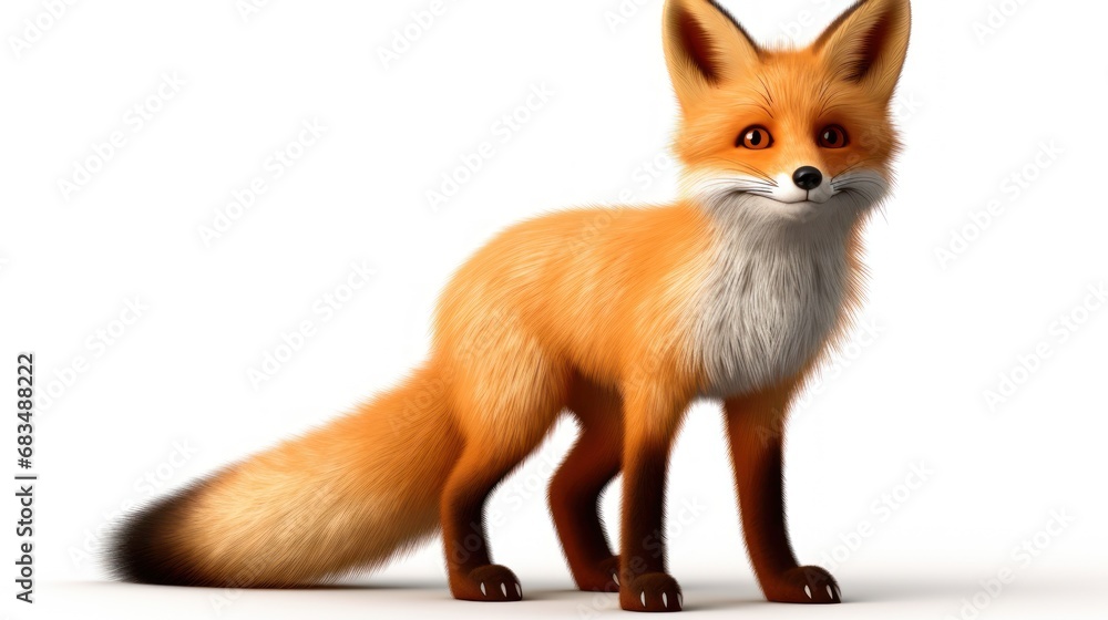  a 3d rendering of a red fox standing on one leg and looking at the camera with an alert look on its face.