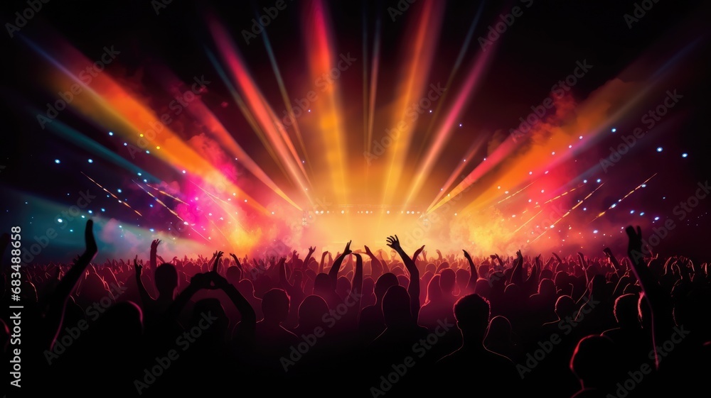 silhouette of concert crowd in front of bright stage lights. Dark background, smoke, concert spotlights