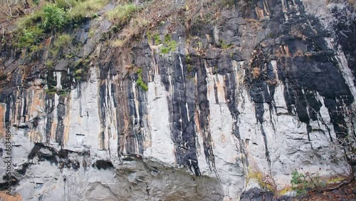 Cinematic view of monolithic massive granite hill(Syntheri Rocks)with caves and Kaneri river rushing by its side.