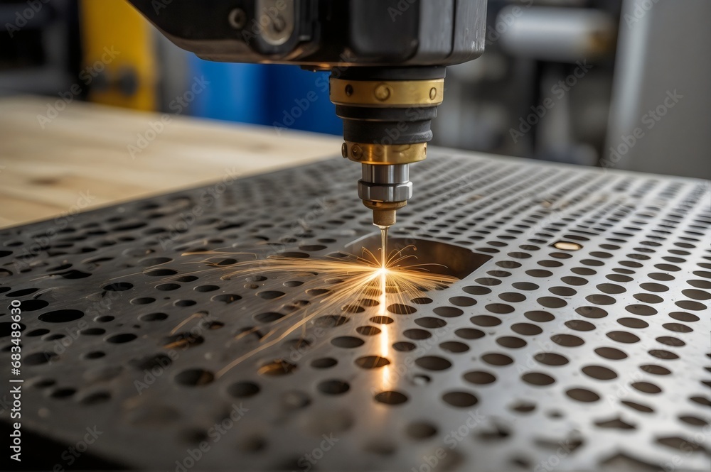 A laser cutting machine is drilling holes in a sheet of steel, forming a circular pattern to be used as a fence