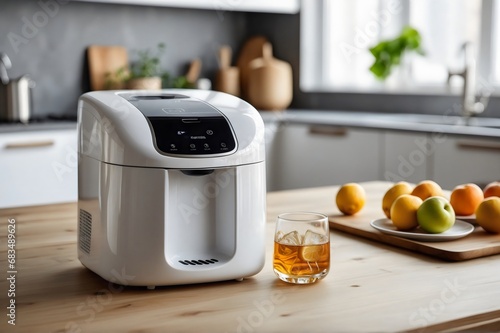 modern ice cube maker on table, kitchen background