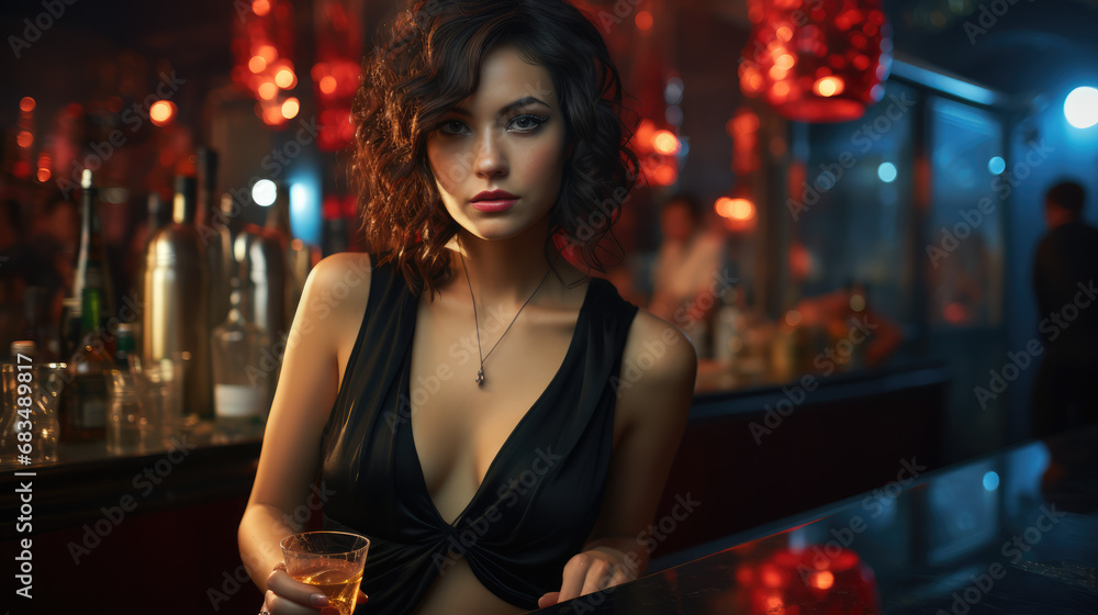 Attractive young woman with a glass of wine in city club