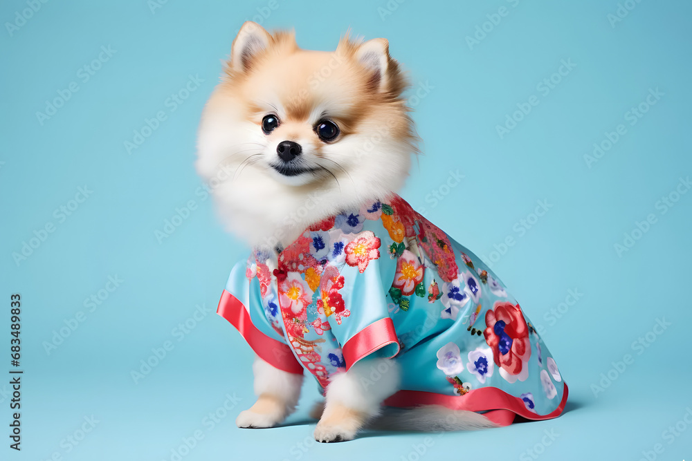 Cute dog in Chinese cloth dress on pastel background.