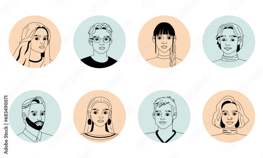 Set of sketch portraits of various young men and women. Avatars with circles in doodle style. Collection of people icons. Simple isolated vector illustration of human faces. Set of sketch portraits of various young men and women. Avatars with circles in doodle style. Collection of people icons. Simple isolated vector illustration of human faces.