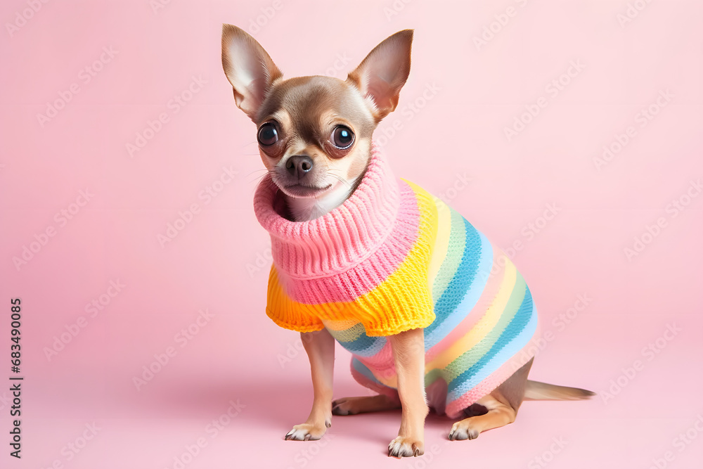 Dog in sweater cloth on pastel background. Winter season.