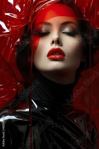 Photo de mode artistique d'une femme habillée en noir et maquillée avec du rouge à lèvres et un plastique rouge en coiffe. Artistic fashion photo of a woman dressed in black and made up with red lipst photo