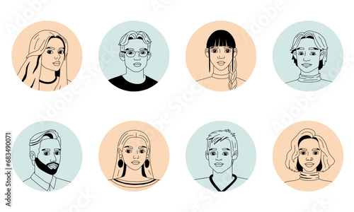 Set of sketch portraits of various young men and women. Avatars with circles in doodle style. Collection of people icons. Simple isolated vector illustration of human faces.