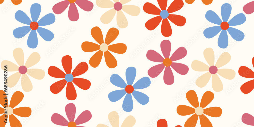 Floral seamless pattern in the style of the 70s with groovy daisy flowers. Retro floral naive vector design. Style of the 60s, 70s, 80s Floral seamless pattern in the style of the 70s with groovy daisy flowers. Retro floral naive vector design. Style of the 60s, 70s, 80s
