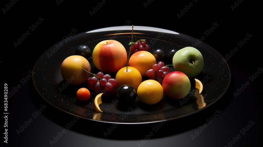 a black plate filled with assorted fruit on top of a black counter top next to a knife and fork. a black plate filled with assorted fruit on top of a black counter top next to a knife and fork.