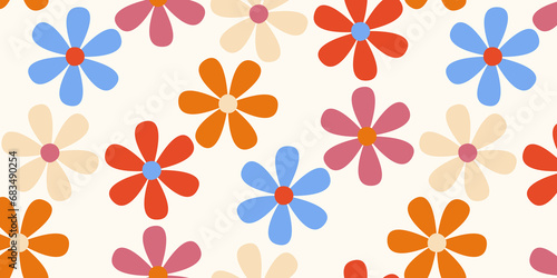 Floral seamless pattern in the style of the 70s with groovy daisy flowers. Retro floral naive vector design. Style of the 60s, 70s, 80s © _AsAnia_