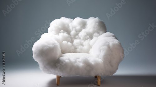 Chair Made Of Clouds, Cloud Chair On White Background. Dreamy Cloud-Shaped Chair for Tranquil Spaces And Relaxation