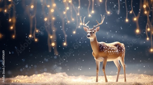  a deer is standing in the snow in front of a string of lights that are hanging down from the ceiling.