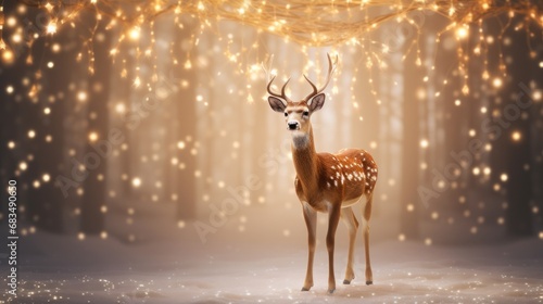  a deer standing in the middle of a snow covered forest with a string of lights hanging from it's antlers.