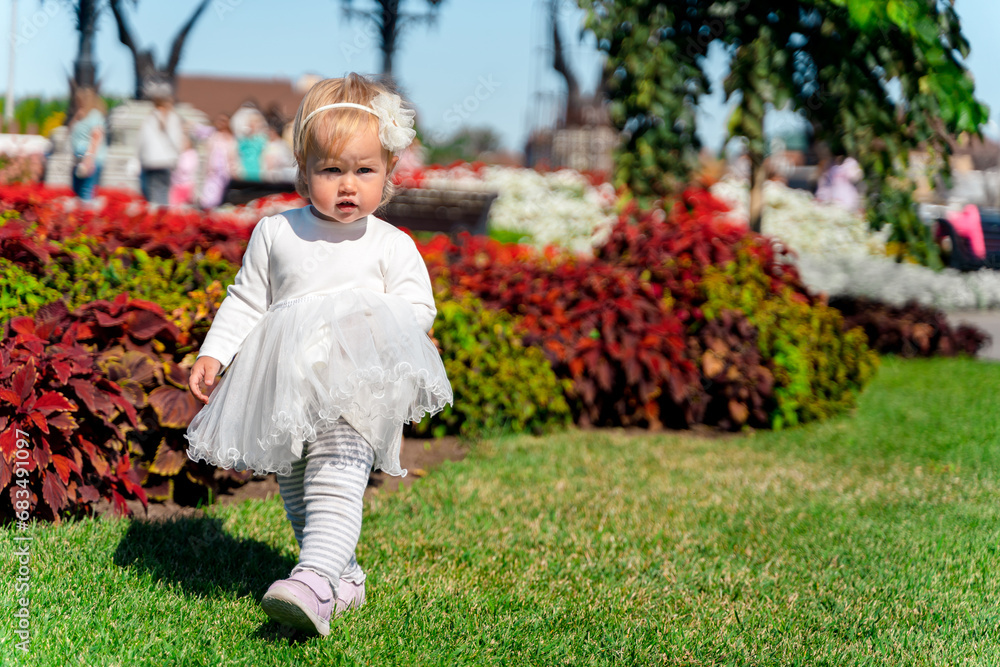 A beautiful little toddler girl in a white fluffy dress walks in a flower garden, a bright concept of holiday and summer, a very active action