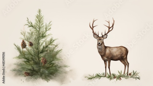  a drawing of a deer standing next to a pine tree with a pine cone on it's antlers.