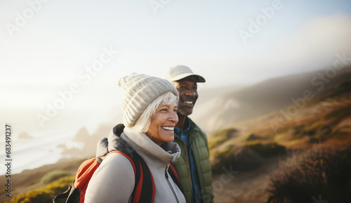 Two seniors hiking along the Pacific coast admiring the scenery