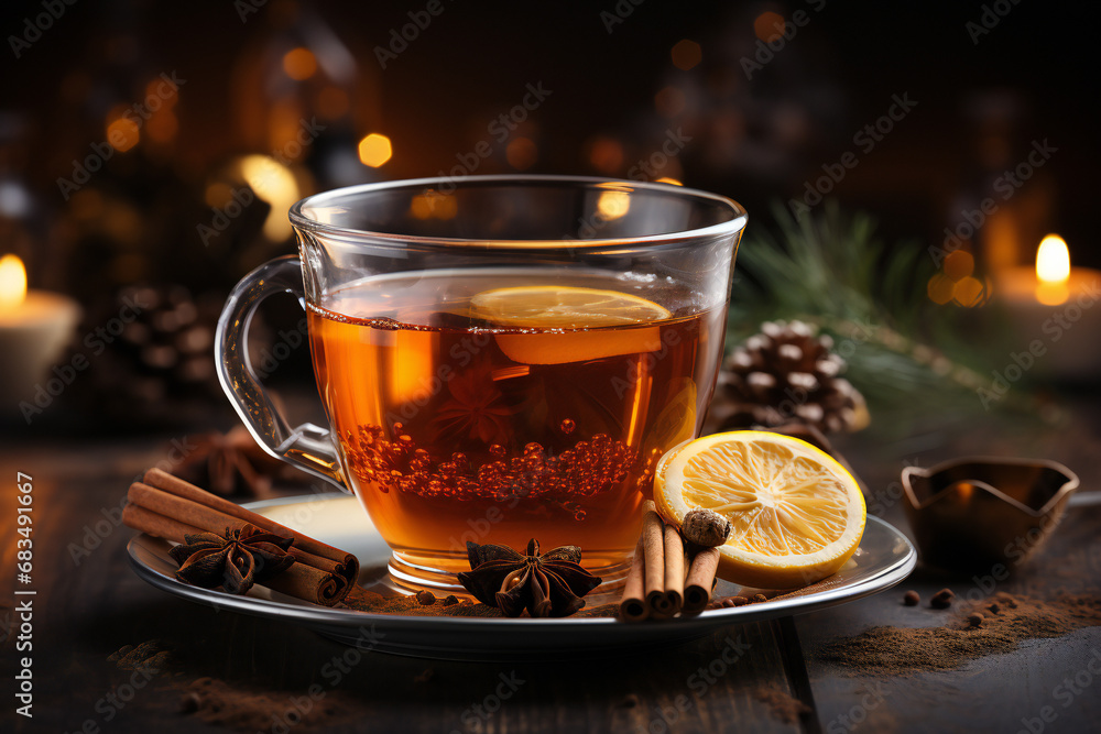 Beautiful transparent cup of hot tea with slice of lemon against Christmas background with bokeh lights Beautiful transparent cup of hot tea with slice of lemon against Christmas background with bokeh lights