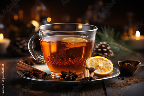 Beautiful transparent cup of hot tea with slice of lemon against Christmas background with bokeh lights