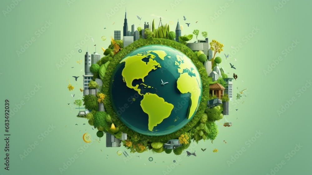 a picture of the earth surrounded by trees, buildings, and butterflies on a green background with a blue sky. a picture of the earth surrounded by trees, buildings, and butterflies on a green background with a blue sky.