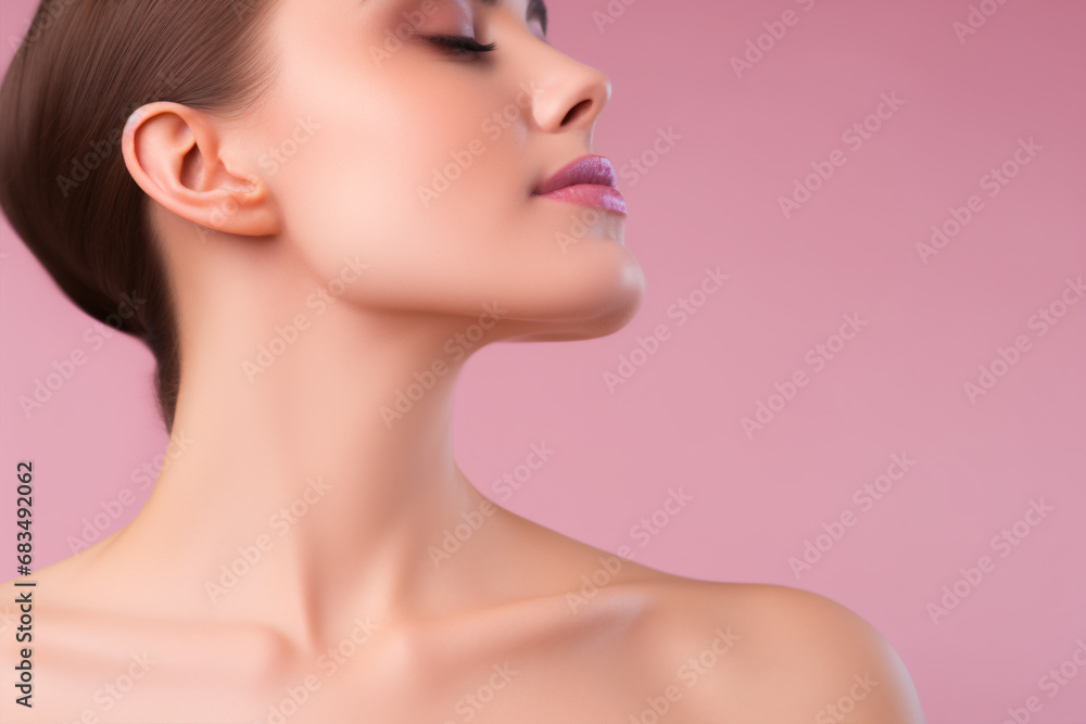 A glamorously manicured Caucasian woman with an elegant neck and collarbones isolated on a rosy studio backdrop portrays natural beauty, health, dieting. A glamorously manicured Caucasian woman with an elegant neck and collarbones isolated on a rosy studio backdrop portrays natural beauty, health, dieting.