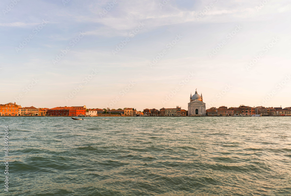 santissimo redentore church view with lagoon in venice italy panoramic view 