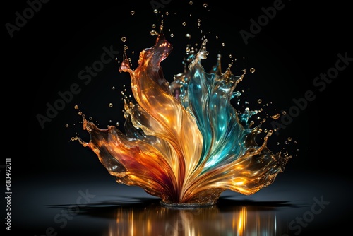 Dynamic liquid splash art resembling a flower in teal and amber hues on a dark background