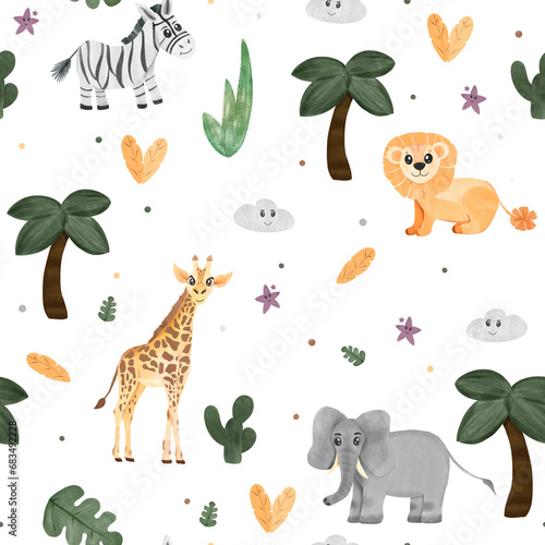 Cute cartoon baby giraffe, lion, elephant and zebra. Hand draw animals seamless pattern. Print on textile, posters, bed linen for kids. Children zoo characters, baby animals background. 