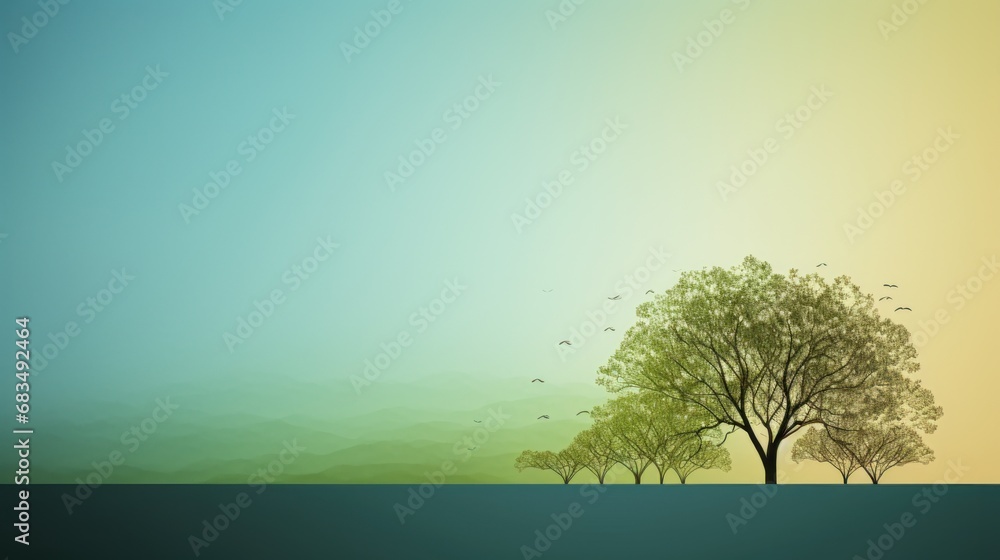 Obraz premium a painting of a tree in the middle of a field with birds flying in the sky in the back ground.