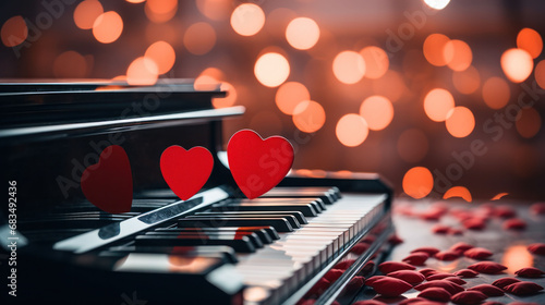 Twin hearts on piano keys with a bokeh light background, setting the scene for a Valentine\'s Day music playlist.