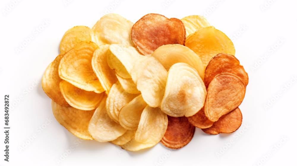 A mountain of diverse salty potato crisps isolated on a lightcolored