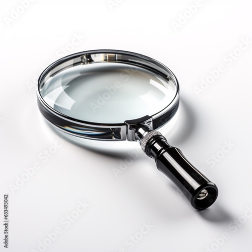 A magnifier with a handle standing alone against a white backdrop.