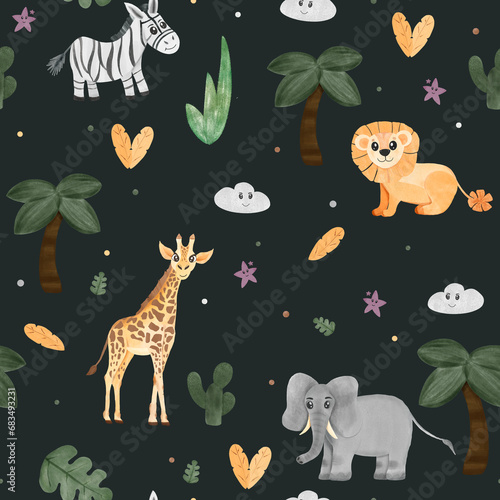 Cute cartoon baby giraffe, lion, elephant and zebra. Hand draw animals seamless pattern. Print on textile, posters, bed linen for kids. Children zoo characters, baby animals background. 