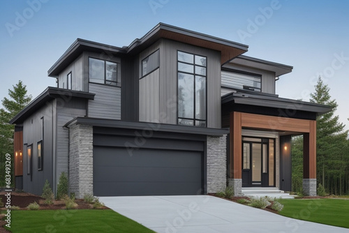 The exterior of this newly built home in the Northwest region of the USA showcases a contemporary design, highlighting elements such as gray wooden siding, stone columns, and two spaces AI GENERATED