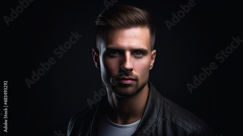 A dashing gent is depicted in a studio against a shadowy backdrop.