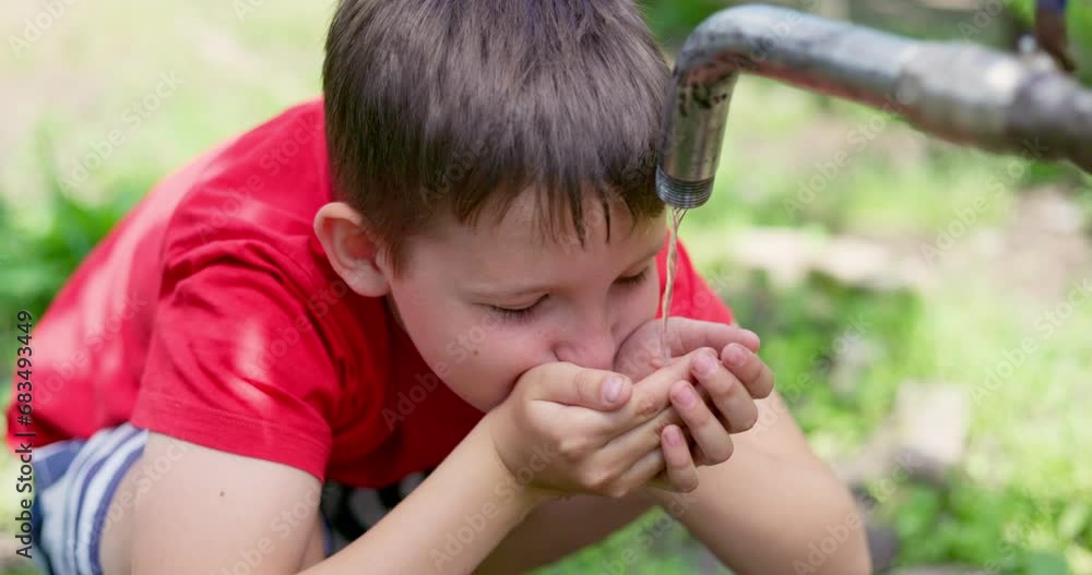 Child boy drinking water from water the tap outdoors Child boy drinking water from water the tap outdoors