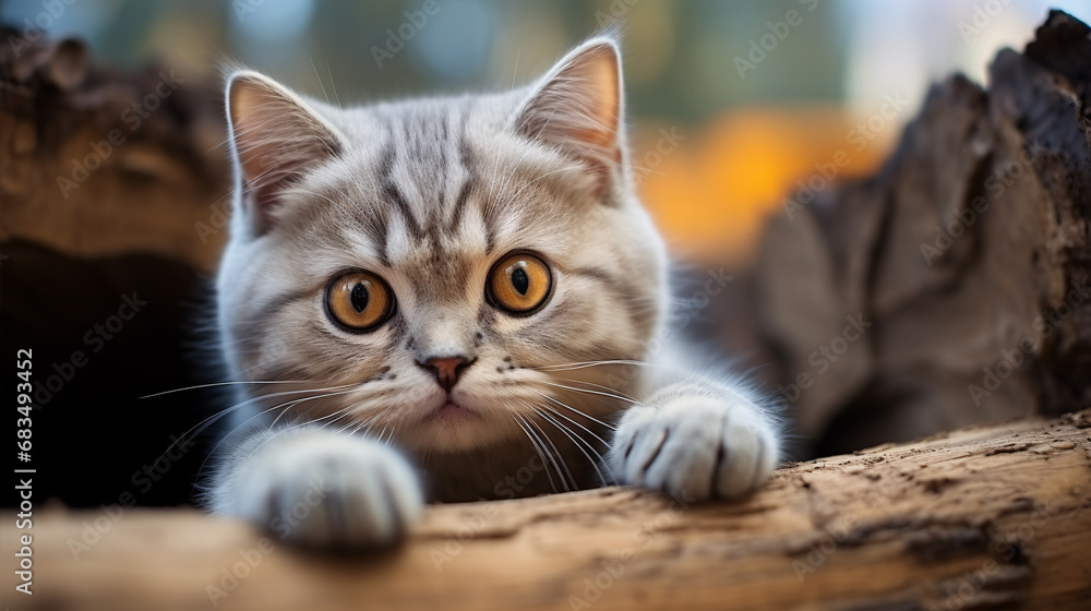 Fototapeta premium Content British feline lounges on backdrop with a raised claw, employed to promote pet nourishment.